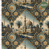 Ramadan Themed Digital Printed Fabric with Palm, Mosque and Crescent Oriental Figures